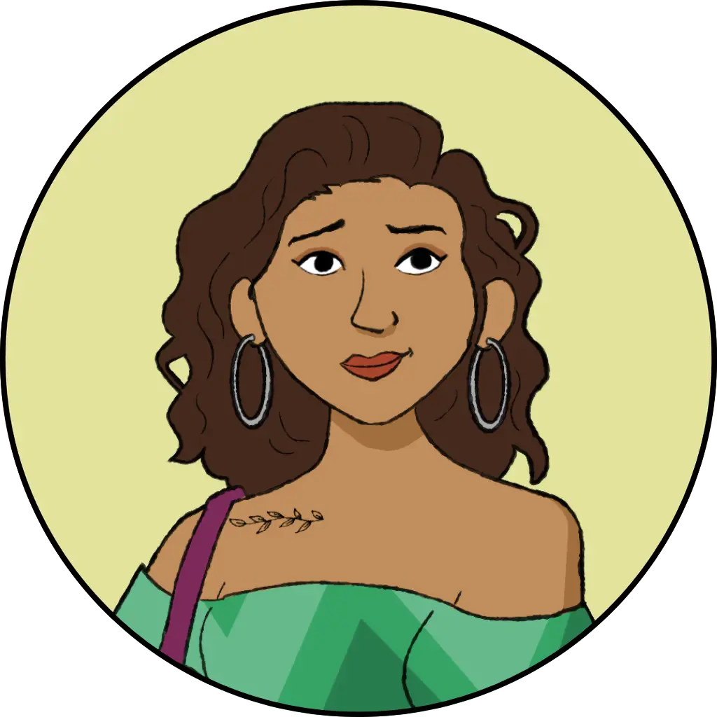 A stylish, brown skinned woman with dark, curly hair, wearing an off-the-shoulder green dress with a bold chevron pattern, large hoop earrings, and a small, delicate, leafy tattoo visible on her right collarbone. She is Elena.