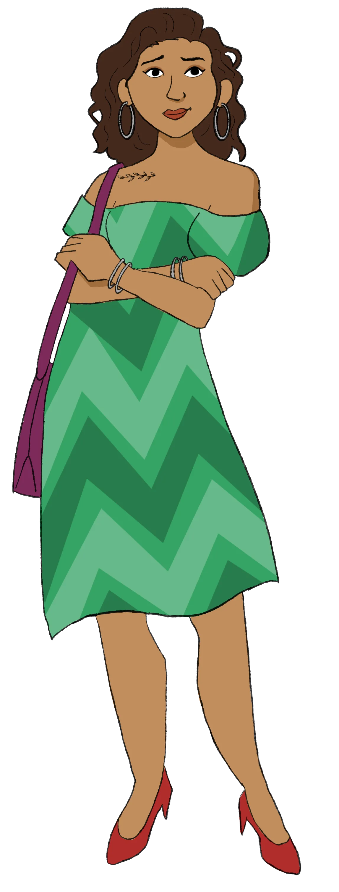 A stylish, brown skinned woman with dark, curly hair. She is wearing a pair of bangles on both her hands and hoop earrings. She is wearing an off-the-shoulder, knee length green dress with a bold chevron pattern, paired with red pointed-toe heels and a purple shoulder bag. Her arms are crossed over her chest, and she has a small, delicate, leafy tattoo visible on her right collarbone. This is Elena.