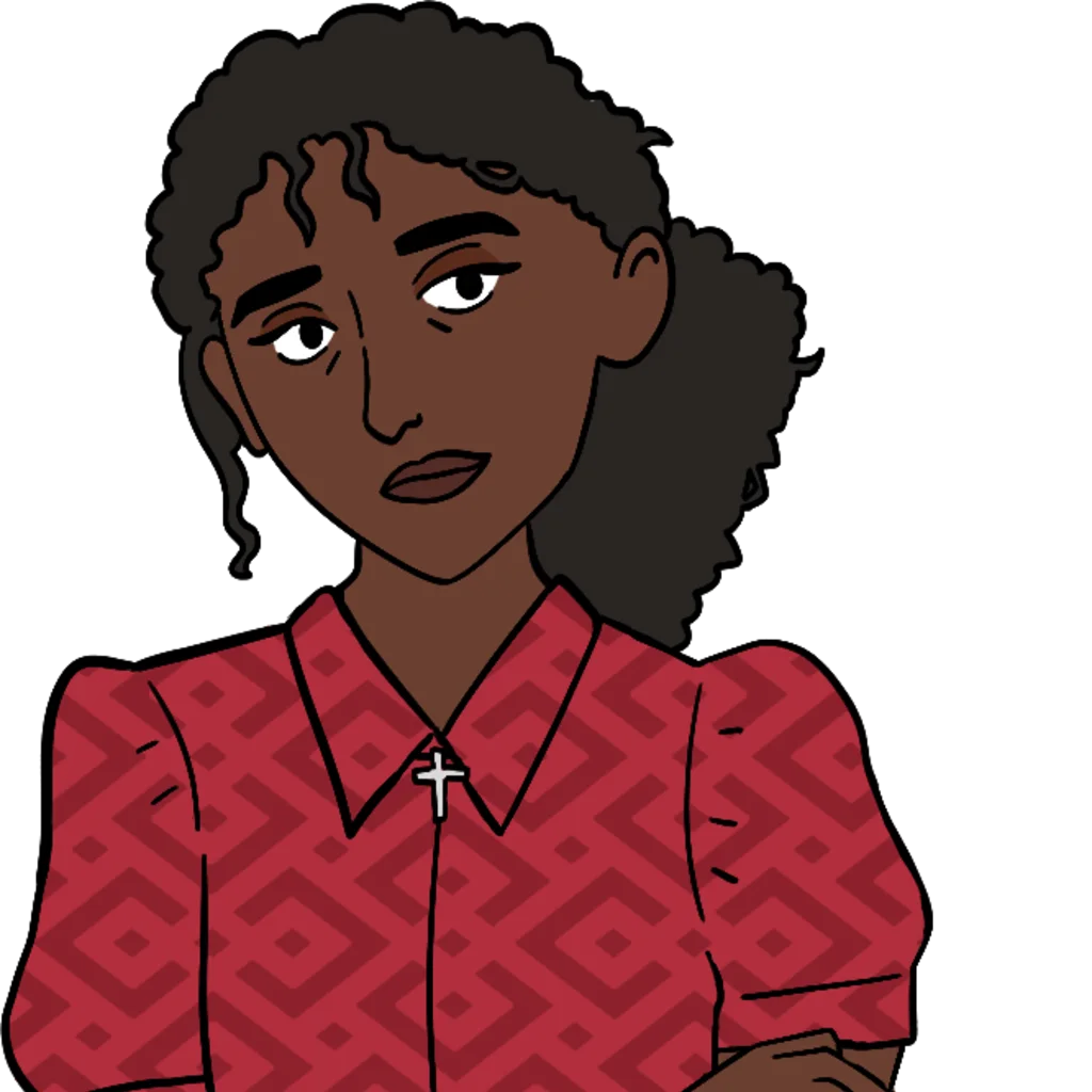 A young Black woman with deep brown skin and dark curly hair, wearing a red short-sleeved blouse with a small white collar, a maroon diamond-patterned print, and a thin silver cross necklace. Her arms are folded across her chest and her expression is somber. She is Ewnet Mary.