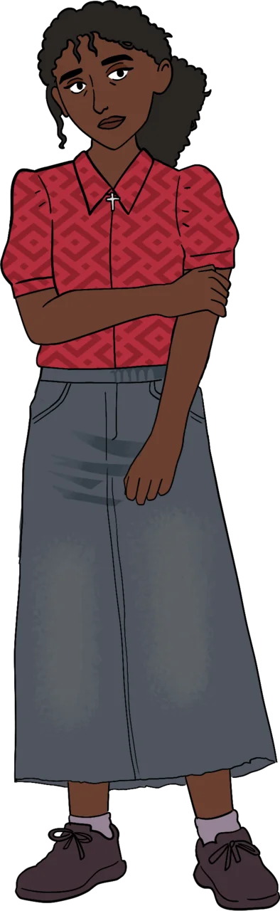 The image shows a young woman with dark skin and long, curly black hair pulled back loosely. She stands with her arms crossed, wearing a red patterned short-sleeve shirt and a long denim skirt. Her expression is thoughtful and slightly guarded. The background is warm brown.