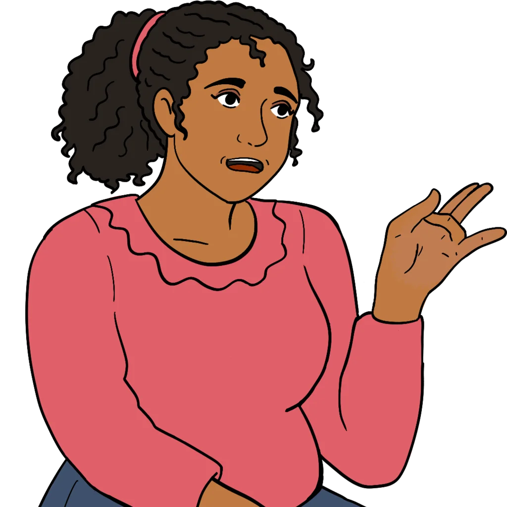 A young woman with brown skin and dark curly hair tied back with a pink band, wearing a coral-pink ruffled-collar blouse, one hand raised mid-gesture. Her expression is uncertain. This is Farida.