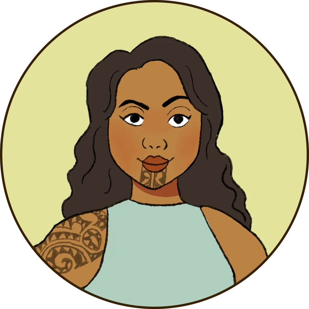 A young woman with brown coloured skin and dark wavy hair that she has left untied, with a distinct facial tattoo on her chin. She is dressed in a light teal sleeveless top. She is Kiri.