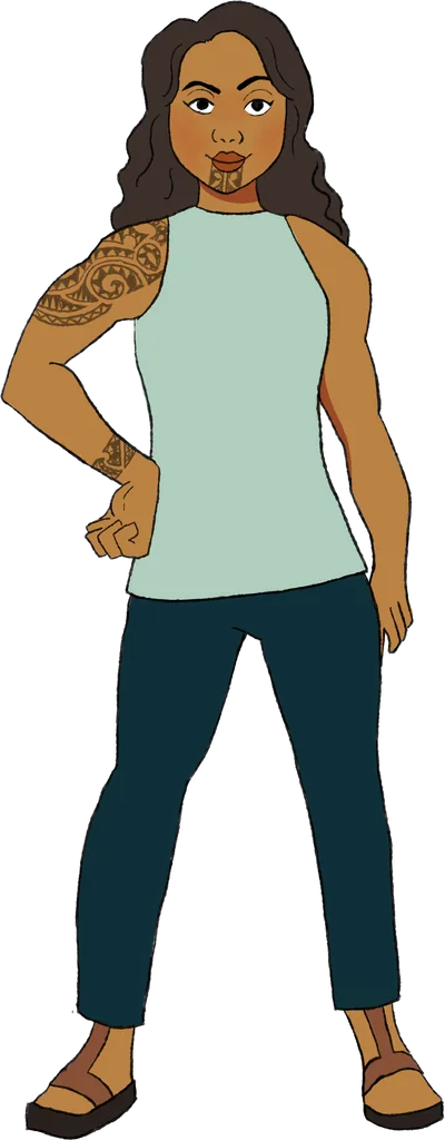 A young woman with brown coloured skin and long, dark wavy hair that she has left untied. She has a distinct facial tattoo on her chin and intricate tattoos on her right shoulder and wrist. She is dressed in a light teal sleeveless top, dark slim-fit trousers, and brown boots that have a design on them. She is posing with her right hand resting on her hip.