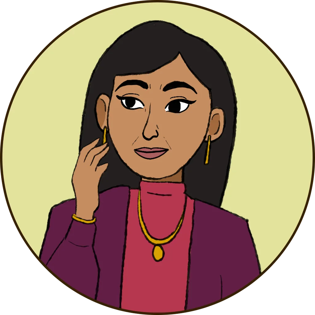 A South East Asian looking character with tan skin and shoulder length black hair, wearing a pink turtleneck under a dark purple cardigan, accessorized with a gold necklace, gold earrings and gold bangles, with her right hand raised to her ear. She is Laila.
