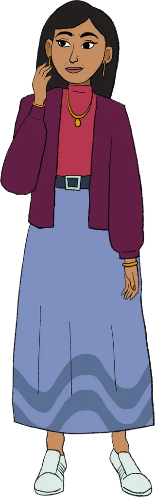 A South East Asian looking character who has tan skin and shoulder length black hair. She is wearing a pink turtleneck under a dark purple cardigan, paired with a long, light blue skirt that has a dark blue wavy pattern at the hem. The outfit is accessorized with a gold necklace, gold earrings, gold bangles, a black belt with a silver buckle, and simple white sneakers. The woman is standing in a relaxed pose, looking slightly to her right with her right hand raised to her ear. She is Laila.