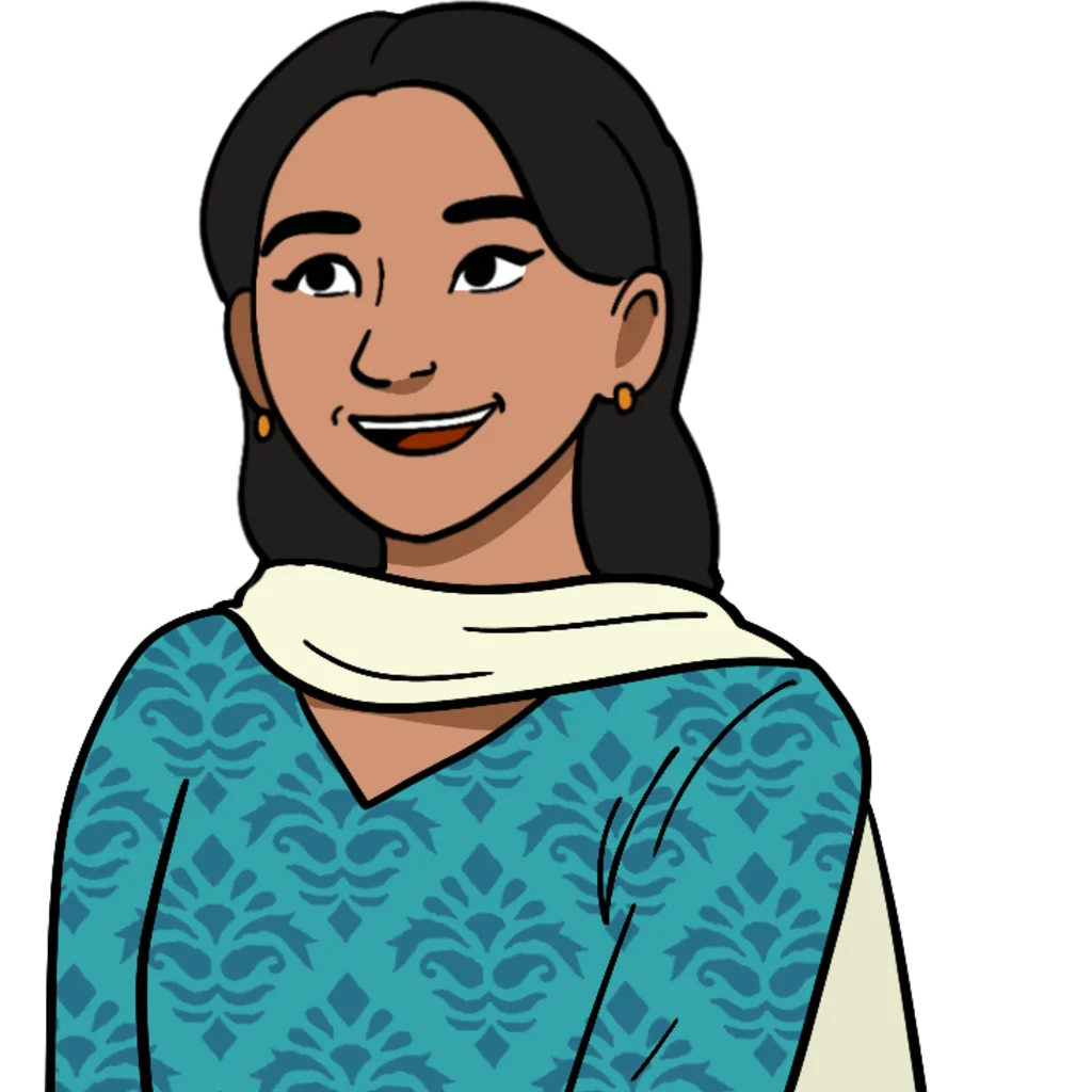 A young South Asian woman with brown skin and long dark hair, wearing a teal patterned kurta and a cream scarf, with gold earrings and a warm smile. This is Latika.