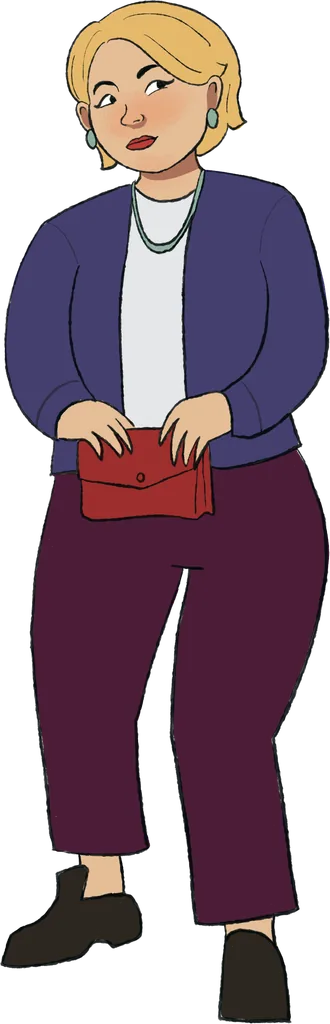 A Caucasian woman with a round face and blonde hair. She is smartly dressed in a dark blue blazer and a light blue top underneath, as well as a silver necklace and round blue earrings. Her pants are burgundy and her shoes are black. She holds a small red clutch with both hands. Her name is Tatiana.
