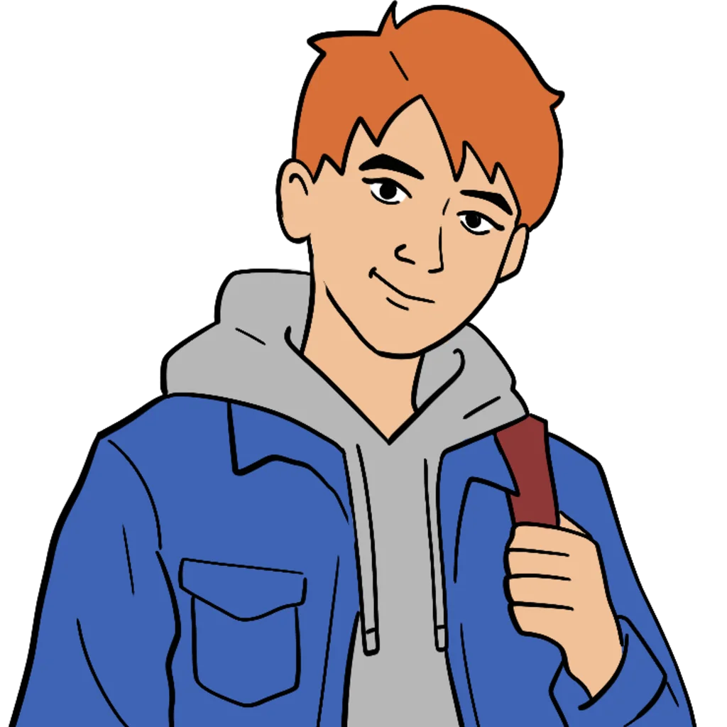 A light-skinned teenage boy with tousled ginger hair, wearing a blue denim jacket over a grey hoodie. He has a slight smile. This is Tommy.