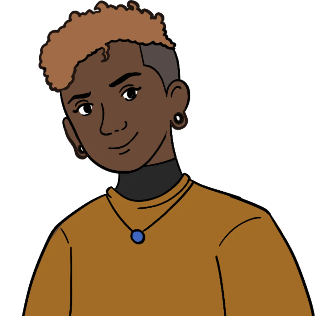 A Black teenager with deep brown skin, short dark hair shaved at the sides, and a small ear stud, wearing a mustard-yellow t-shirt over a black top and a blue pendant necklace. Their expression is calm. This is Zeid.